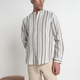 SHOWOFFFF Men Comfort Slim Fit Striped Mandarin Collar Cotton Casual Shirt-image-62