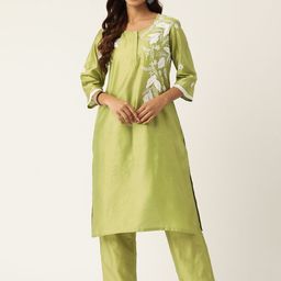 MISRI Women Floral Embroidered Thread Work Pure Cotton Kurta with Trousers-image-41