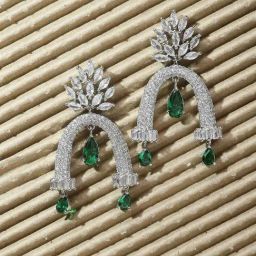 Zeneme Rhodium Plated AD Crystal Quirky Cluster Drop Earrings-image-81