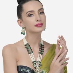 Zaveri Pearls Green Pink Meenakari Multistrand Beaded Long Kundan Necklace & Earring Set-ZPFK15649-42