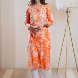House of Chikankari Orange Embroidered Straight Kurta-image-76