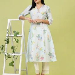 W Blue Cotton Floral Kurta-38