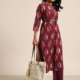 Sangria Women Burgundy & Mustard Yellow Abstract Print Cotton Kurta with Trousers-image-4