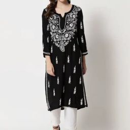 PARAMOUNT CHIKAN Black Hand Embroidered Chikankari Straight Kurta-46