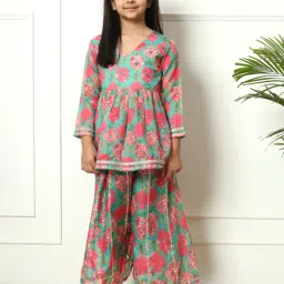 READIPRINT FASHIONS Kids Green & Coral Floral Print Kurti with Sharara-image-57