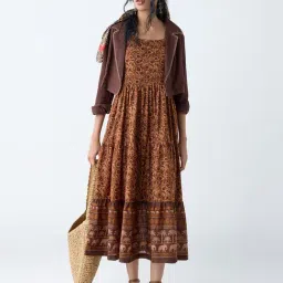 Bombay Paisley by Westside Brown Floral Cotton Tiered Dress with Jacket-picture-15