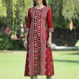 Juniper Maroon Ethnic Motif Printed Modal Chanderi Kurta With Buttons-image-15
