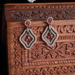 Zeneme Rose Gold Plated Gunmetal Red AD Studded Contemporary Drop Earrings-7