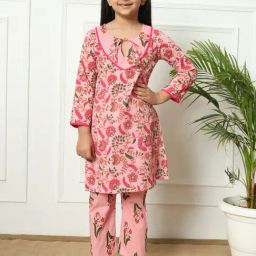 READIPRINT FASHIONS Kids Light Pink Floral Print Kurti with Pants-image-55