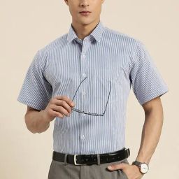 Hancock Blue & White Cotton Slim Fit Striped Shirt-picture-18