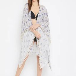 The Kaftan Company White Regular Fit Floral Print Kaftan Shrug with Fringes-image-72