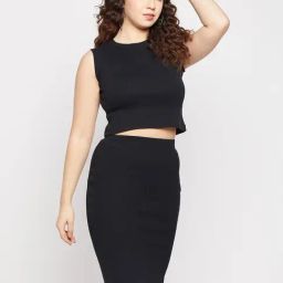 Club York Black Cotton Blend Crop Top With Skirt-image-65