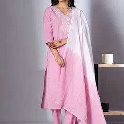 Readiprint Fashions Women Floral Embroidered Regular Thread Work Pure Cotton Kurta with Palazzos & With-image-91