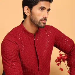 Jompers Geometric Embroidered Mandarin Collar Straight Kurta With Pyjamas-picture-53