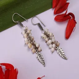 Shrim jewels Brass-Plated Opal Beaded Feather Shaped Oxidised Drop Earrings-picture-32