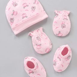 Babyhug 100% Cotton Cap Mittens & Booties Castle Print Pink - Diameter 8.5 cm-picture-0