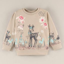 Ollypop Cotton Full Sleeves Sweatshirt Flowers & Dear Print - Light Beige-image-35