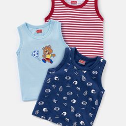 Babyhug 100% Cotton Antibacterial Sleeveless Sando Stripes & Bear Print Pack of 3 - Blue & Red-image-41