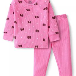 Babyoye Cotton Modal Knit Drop Needle Full Sleeves Thermal Vest &  Pant Set Bow Design - Pink-image-75