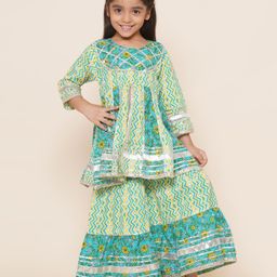 AJ Dezines Cotton Three Fourth Sleeves Flower & Chevron With Gota Lace Embellished   Anarkali Kurta  & Coordinating Sharara Set - Green-image-83