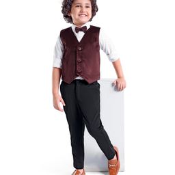 Babyhug Full Sleeves Velvet Party Suit with Bow Solid & Polka Dot Print - White & Maroon-image-22