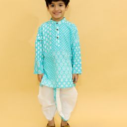 MoMaa Pure Cotton  Full Sleeves Jaipuri Ethnic Motif Printed Kurta With Coordinating Dhoti Set  - Sky Blue-picture-12