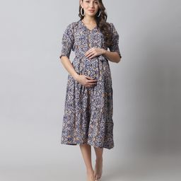 Moms Maternity Half Sleeves Seamless Floral Swirl Printed Maternity Dress With Concealed Zipper Nursing Access - Navy Blue-image-82