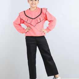 Aww Hunnie Full Sleeves Frill Detailed & Lace Embellished Autumn Winter Wear Sweatshirt With Side Pockets Lower - Peach-image-99