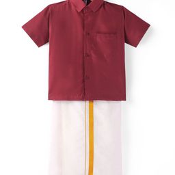 Babyhug Woven Half Sleeves Shirt & Mundu Set Solid Colour - Red-picture-22