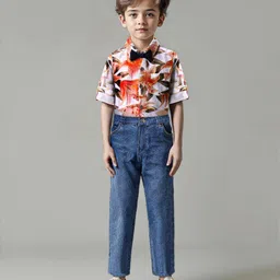 Ollington St. 100% Cotton Full Sleeves Party Shirt & Jeans With Bow Floral Print - White & Indigo-picture-12