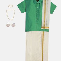 THANGAMAGAN Viscose Half Sleeve Solid  Shirt With Mundu & Angavastram With Freebies Set - Light Green-picture-23
