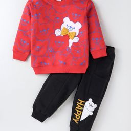 Kookie Kids Full Sleeves Winter Wear Bear Printed Sweatshirt with Bow Detailing & Text Print Lounge Pants Set - Red & Black-image-34