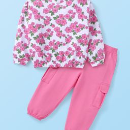 Babyhug Cotton Knit Full Sleeves Floral Printed Top & Lounge Pants Set - Pink & White-image-40