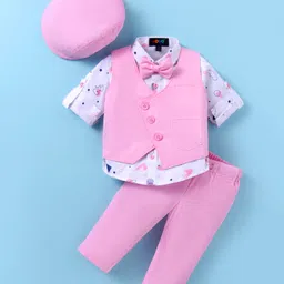 Robo Fry Lycra KnitHalf Sleeves Printed 3 Piece Party Suit with Cap & Bow - Pink-picture-28