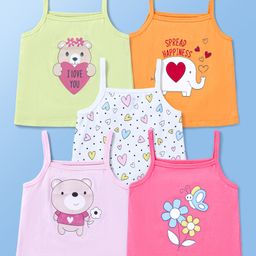 Doodle Poodle 100% Cotton Knit Singlet Sleeves Slips with Heart & Bear Print Pack of 5 - White Pink & Orange-22