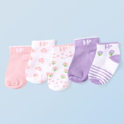 Honeyhap Premium Cotton Bamboo Spandex With Bio Finish Solid & Floral Printed Socks Pack of 5 - Lavender Bright White Gosammer Pink-image-82
