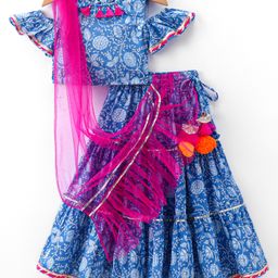 Lil' Drama Cotton Short Sleeve Stylish Jaipuri Printed Lehenga with Choli And Net Dupatta - Blue-picture-31