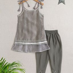 The Magic Wand Chanderi Sleeveless Striped Lace Embellished Kurta & Salwar Set - Grey-image-23