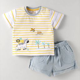 ToffyHouse Cotton Knit Half Sleeves Striped T-Shirt & Shorts Set With Animal & Tree Embroidery - White Yellow & Light Blue-image-98