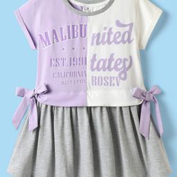 Smarty Girls Sinker Knit Half Sleeves Frock with Bow Applique & Text Print - Mauve & White-picture-5