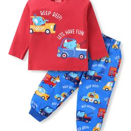 Babyhug Cotton Knit Full Sleeves Nightsuit with Vehicle Print - Red & Blue-image-53