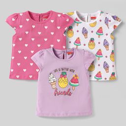 Babyhug Cotton Knit Half Sleeves T-Shirts With Ice-Cream & Heart Pack Of 3 - White Pink & Mauve-image-13