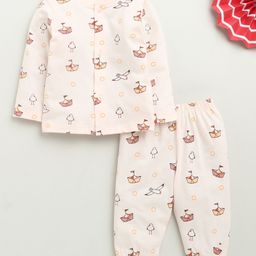 BUMZEE Cotton Knit Full Sleeves Ship & Bird Printed Night Suit - Peach-image-63