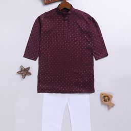 JBN Creation Cotton Blend Full Sleeves Abstract Foil Printed Kurta Pyjama Set - Wine-image-1
