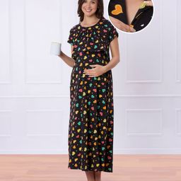 Bella Mama 100% Cotton Knit Half Sleeves Concealed Zipper Nursing Nighty with Heart Print - Black-image-37
