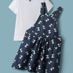 Babyhug Cotton Knit Frock & Half Sleeves Inner Tee With Bow Print - Navy Blue & White-image-67