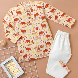 Desi Soota Cotton Woven Full Sleeves Elephant Printed Kurta & Coordinating Pyjama Set - Red-image-10