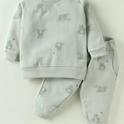 Zero Fleece Knit Full Sleeves Bear Printed Winter Co-Ord Night Suit - Sea Green-image-52