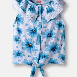 Babyhug 100% Cotton Knit Sleeveless Knotted Top with Floral Print & Frill Detailing - Blue-picture-43