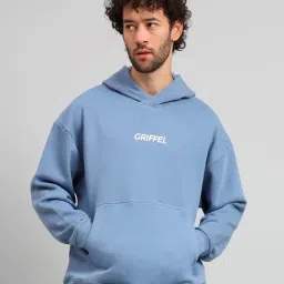 GRIFFEL Sky Blue Loose Fit Logo Print Oversized Hooded Sweatshirt-image-96